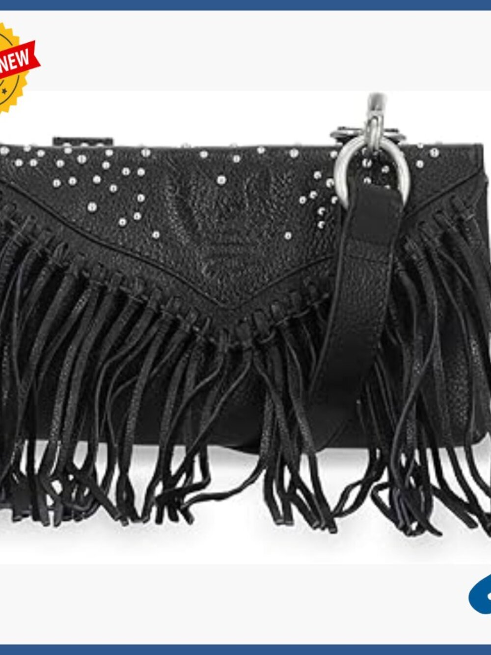 Genuine Leather Crossbody Bag with Fringe and Studded Design